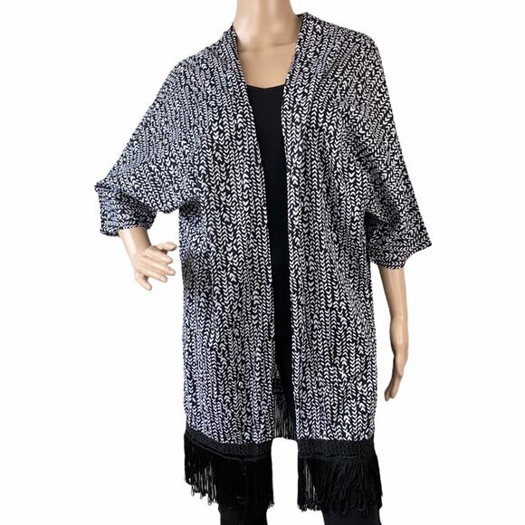 La Blanca Black White Fringed Kimono Open Front Cotton Cover Up Cardigan L/XL - Picture 1 of 10